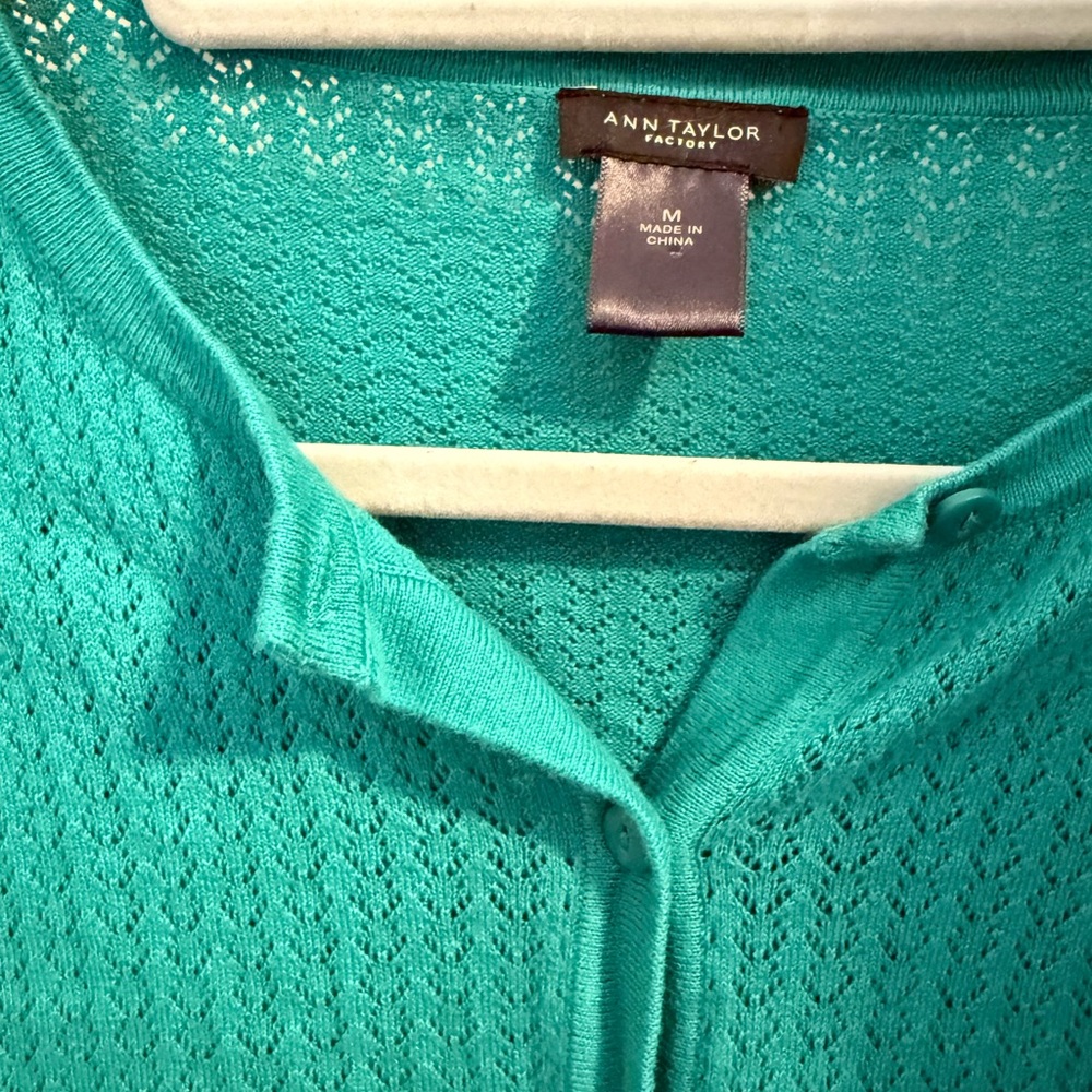 Ann Taylor Women's Teal Cardigan Pointelle Sweater - Picture 2 of 3